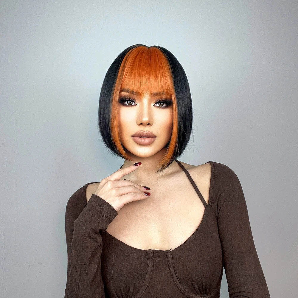 Short Straight Synthetic Wigs Black Mixed Ginger Orange Wigs for Women Natural Hair With Bangs Heat Resistant Daily Cosplay Wigs