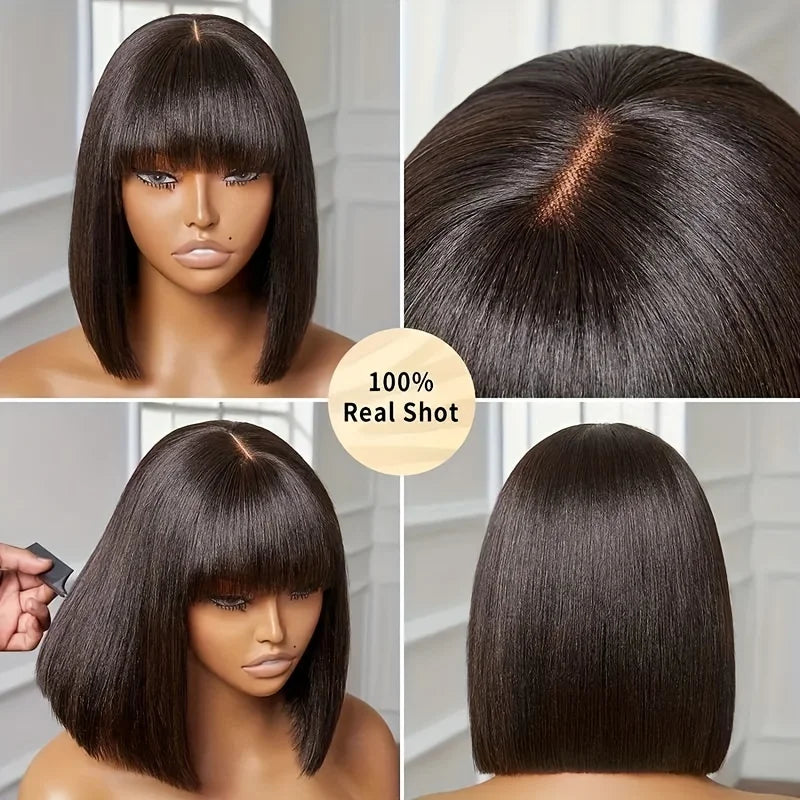 Glueless Straight Human Hair Wig With Bangs Short Bob Wig Human Hair Pre Plucked Brazilian Black Hair For Women Ready To Wear