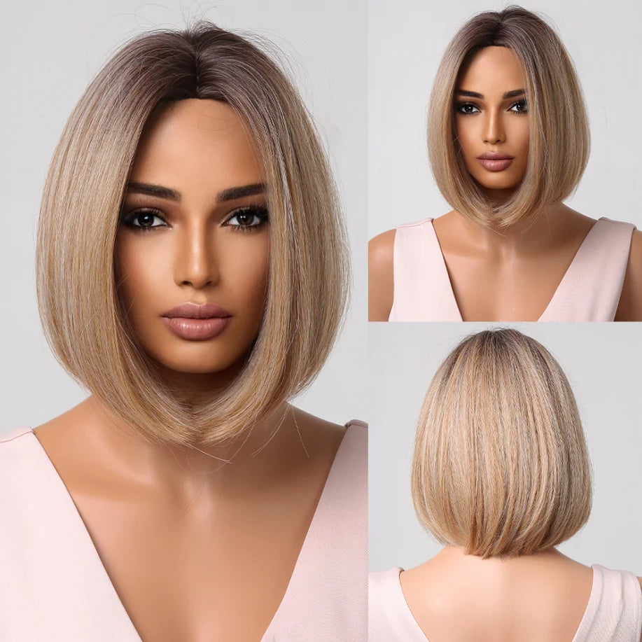 LOUIS FERRE Short Straight Synthetic Wigs for Women Brown Bob Wigs with Bangs Daily Cosplay Medium Length Heat Resistant Hair