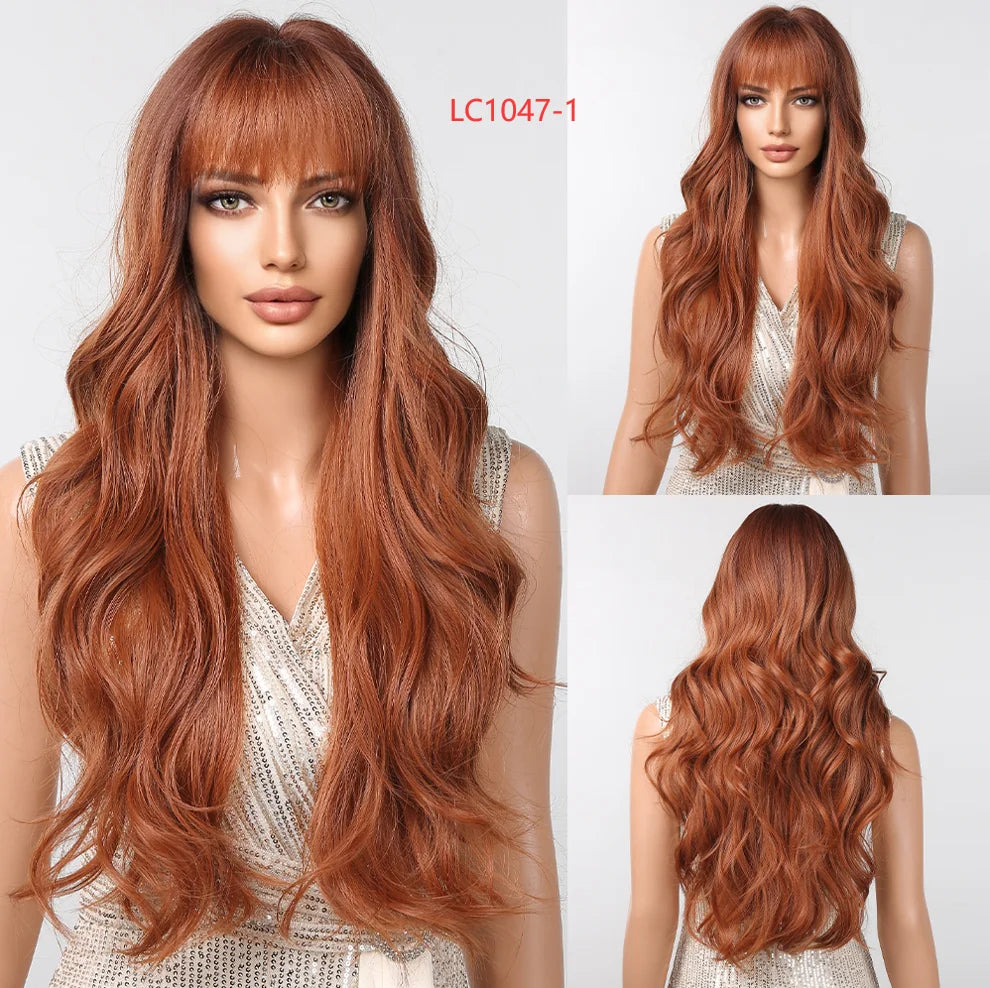 Pink Red Long Curly Wavy Synthetic Wigs Lolita Cosplay Hair With Bangs for Women Natural Water Wave Party Heat Resistant Wig