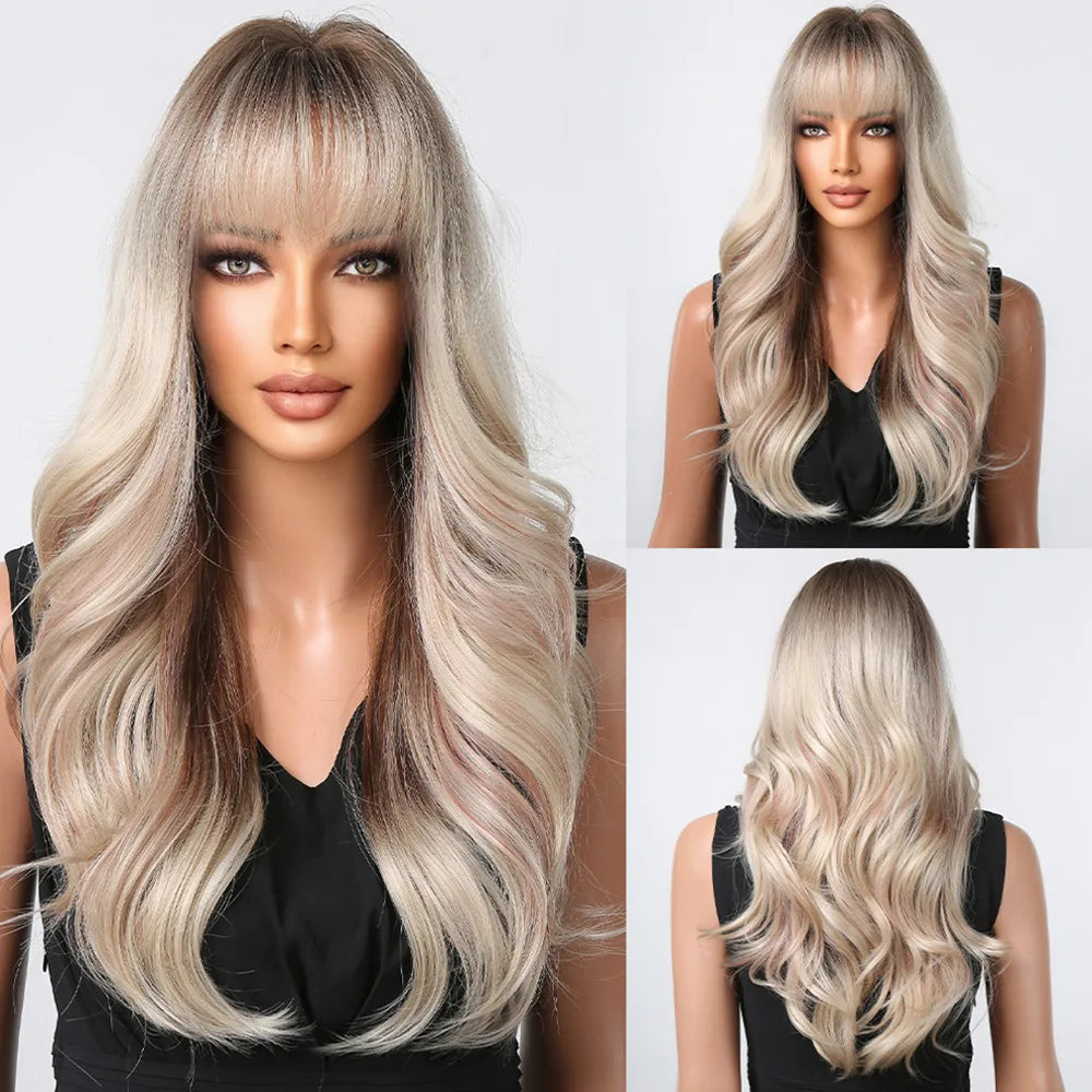 ALAN EATON Ombre Blonde Brown Wave Synthetic Wig Long Natural Looking Hair Wigs with Bangs for Women Daily Heat Resistant Fiber