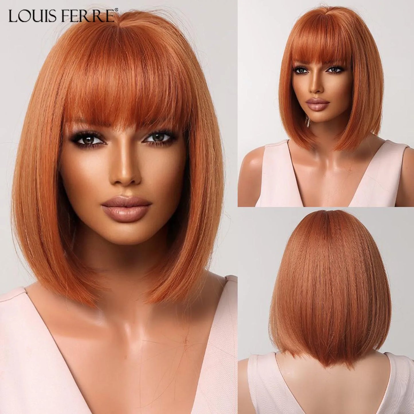 LOUIS FERRE Short Light Pink Bob Wigs With Bangs Natural Synthetic Wigs for Women Daily Cosplay Hair Heat Resistant Fibre Wig