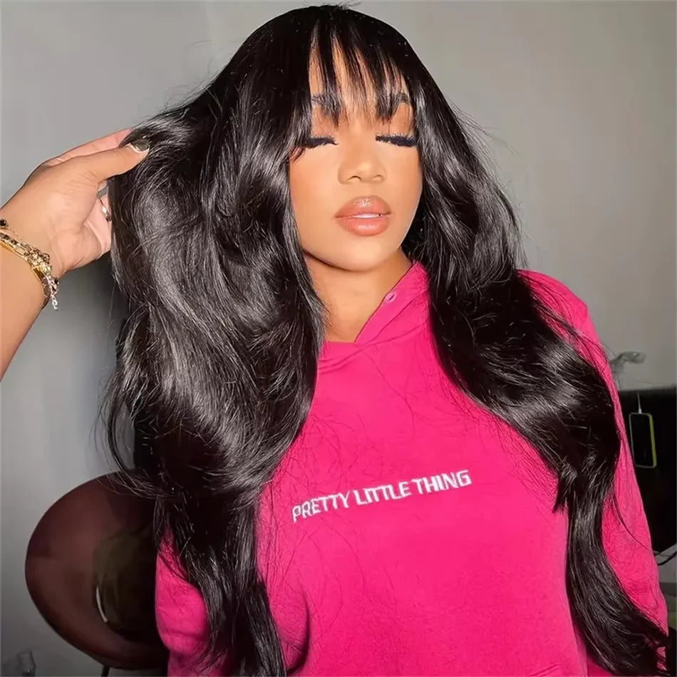 30 Inch Body Wave Human Hair Wigs With Bangs Full Machine Made Scalp Wig For Women Brazilian Remy Hair Fringe Bangs Wig 30 Inch