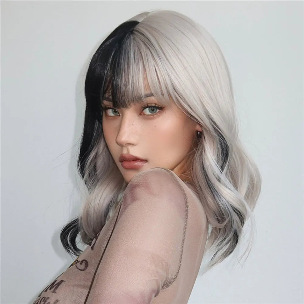 HENRY MARGU Short Half Black And Half White Wig Curly Wavy Shoulder Length Synthetic Hair Cosplay Wig with Bangs for Halloween