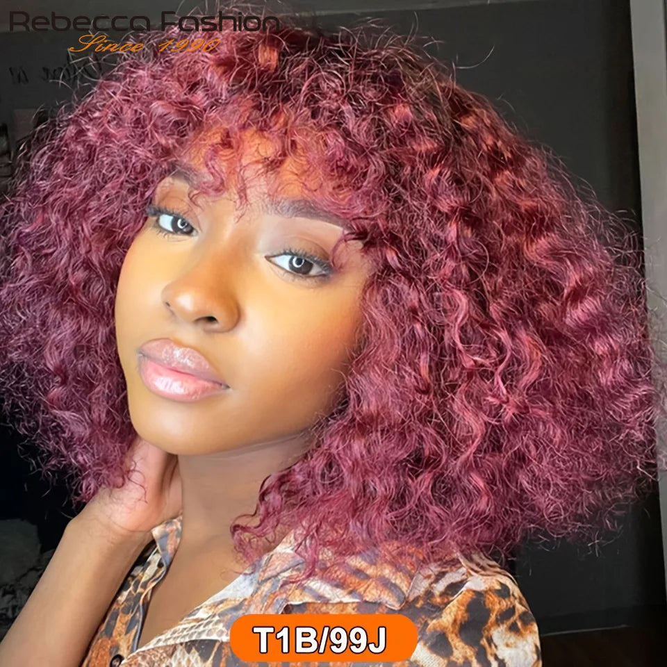 Jerry Curly Short Bob Human Hair Wigs With Bangs Wear To Go Glueless Wig Ombre 99J Water Wave Blonde Colored Wig For Women