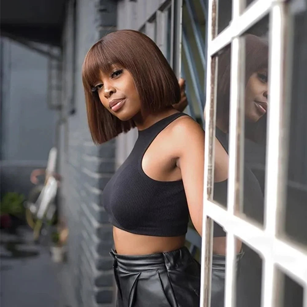 Straight Bob Human Hair Wigs With Bangs Short Brazilian Human Hair 150density For Woman No Lace Full Machine Made Human Hair Wig