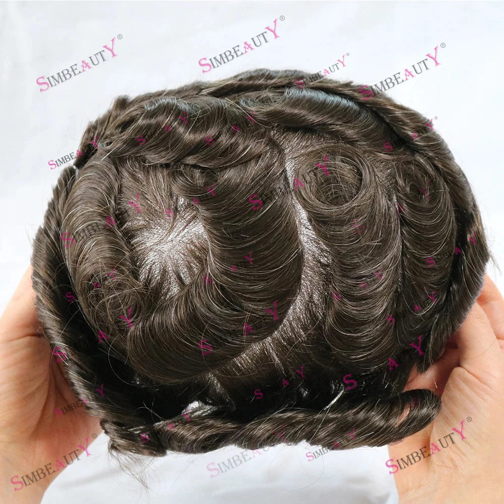 Dark Brown Men Toupee 80% Natural Hairline 0.02mm Invisible Super Thin Skin PU Black Grey Blonde Human Hair Hairpieces Prosthesi