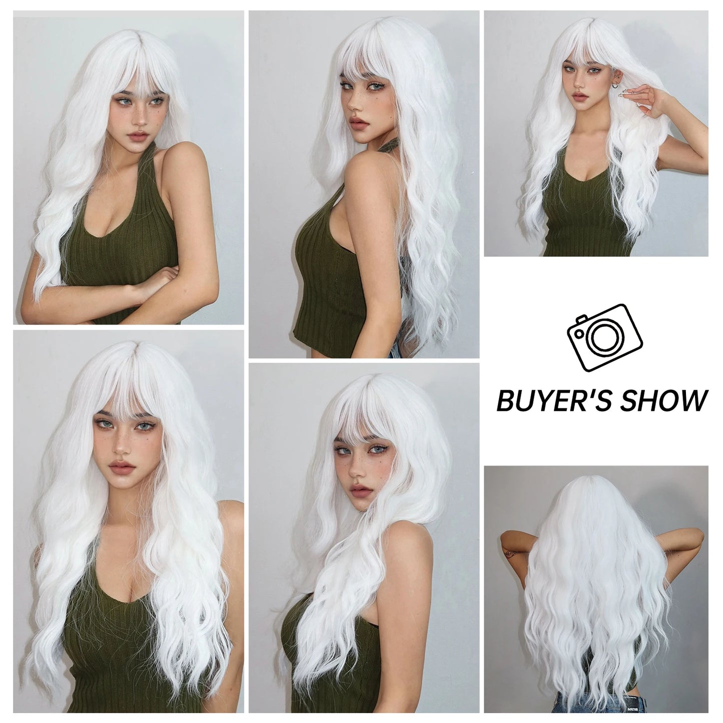 Long Curly White Platinum Synthetic Wigs with Bangs for Women Afro Cosplay Lolita Wavy Wig Natural Hair Heat Reisitant Daily Use