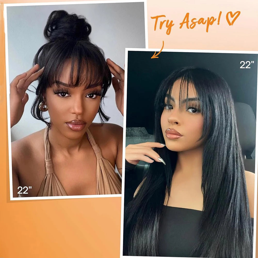 Reddish Brown Straight Layered Cut Lace Wigs with Bangs HD Lace Fake Scalp Synthetic Natural Layered Lace Front Wig Glueless Wig