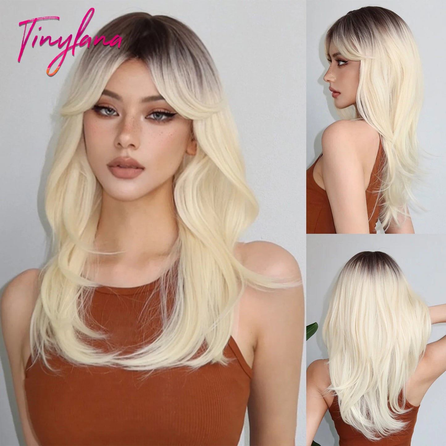 Long Brown Blonde Straight Synthetic Wig with Bangs Brown Ombre Cosplay Layered Wigs for Women Party Heat Resistant Natural Hair
