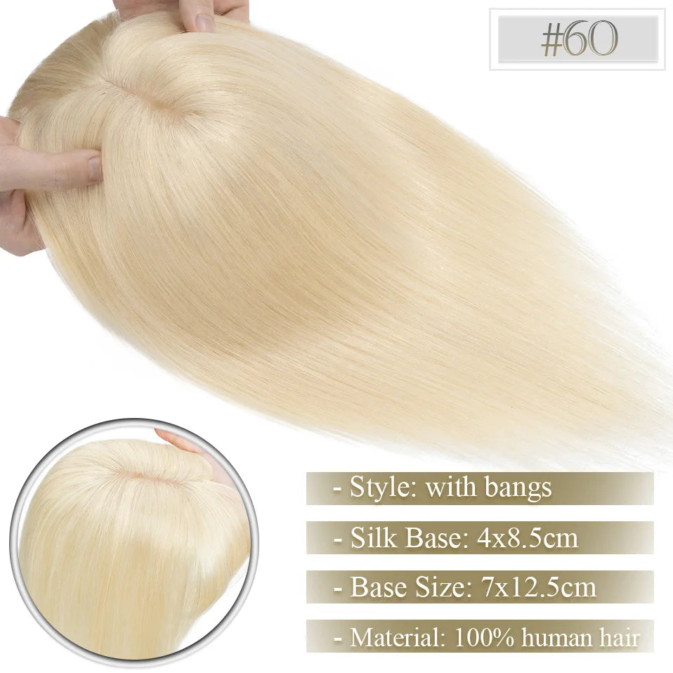 TESS Women Topper 7x12.5cm Hair Toppers With Bangs Natural Hair Wig Human Hair Silk Base Center Part Hair Clip In Hair Extension