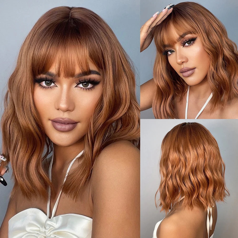 Gray Purple Pink Short Bob Synthetic Wigs with Bangs Curly Cosplay Ombre Wig for Women Afro Natural Wave Heat Resistant Hair