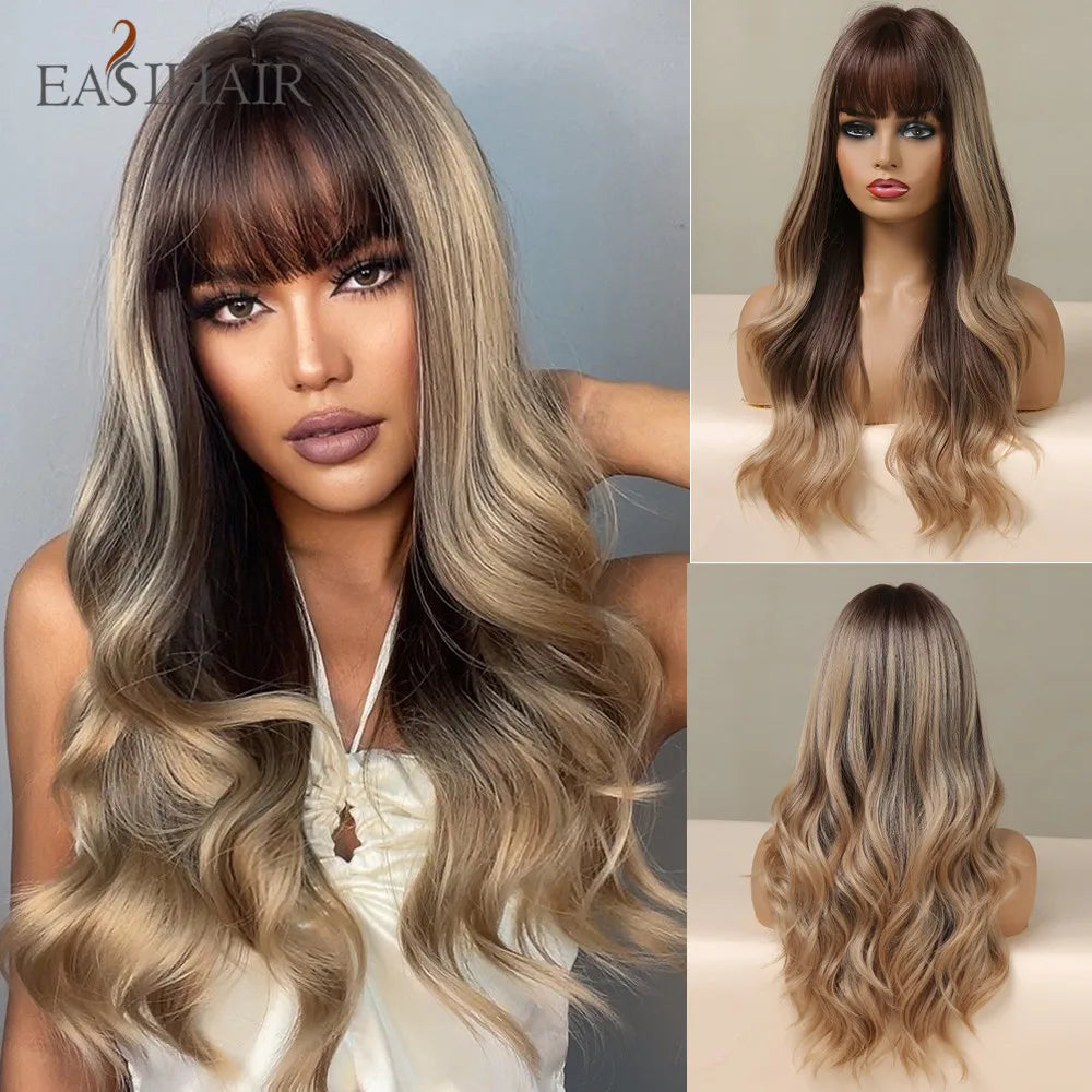EASIHAIR Brown Black Kinky Curly Wave Synthetic Wigs with Bangs Deep Wave Long Hair Wigs for Women Daily Cosplay Heat Resistant
