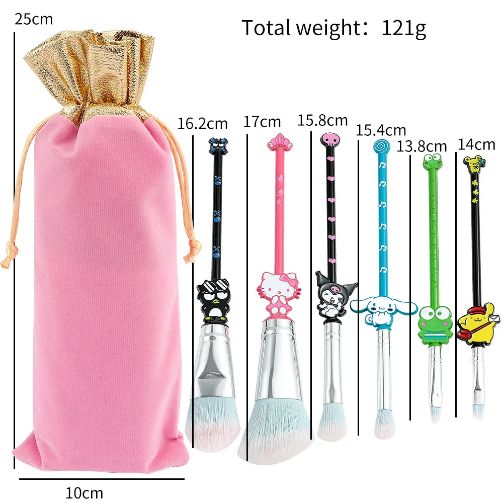 6Pcs Hello Kitty Makeup Brushes Kits Kawaii Sanrios Kuromi Powder Blending Blush Concealer Eyebrow Brush With Velvet Bag