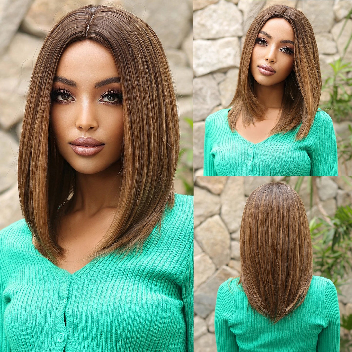 ALAN EATON Short Straight Ombre Brown Blonde Bob Wig With Bangs Synthetic Hair Wig for Women Cosplay Lolita Heat Resistant Fiber