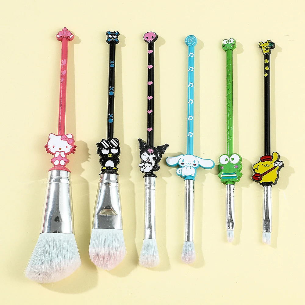 6Pcs Hello Kitty Makeup Brushes Kits Kawaii Sanrios Kuromi Powder Blending Blush Concealer Eyebrow Brush With Velvet Bag