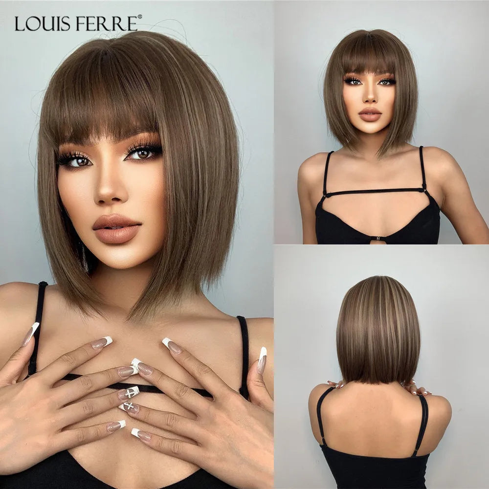 LOUIS FERRE Straight Pink Synthetic Wig for Women Short Bob Wig With Bangs Natural Hair Lolita Cosplay Heat Resistant Fashion