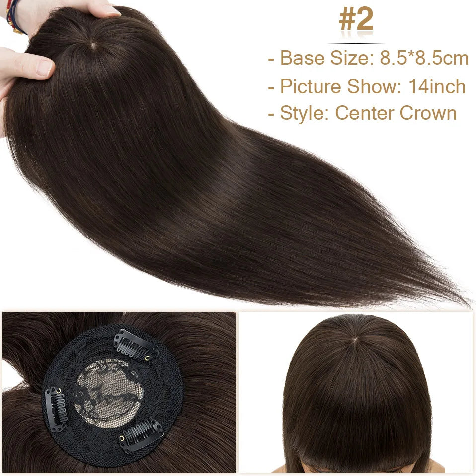 S-noilite 8.5x8.5cm Hair Topper Human Hair Cilp Center Crown Wig With Bangs Clip In Natural Hair Extension Hair Vortex Hairpiece