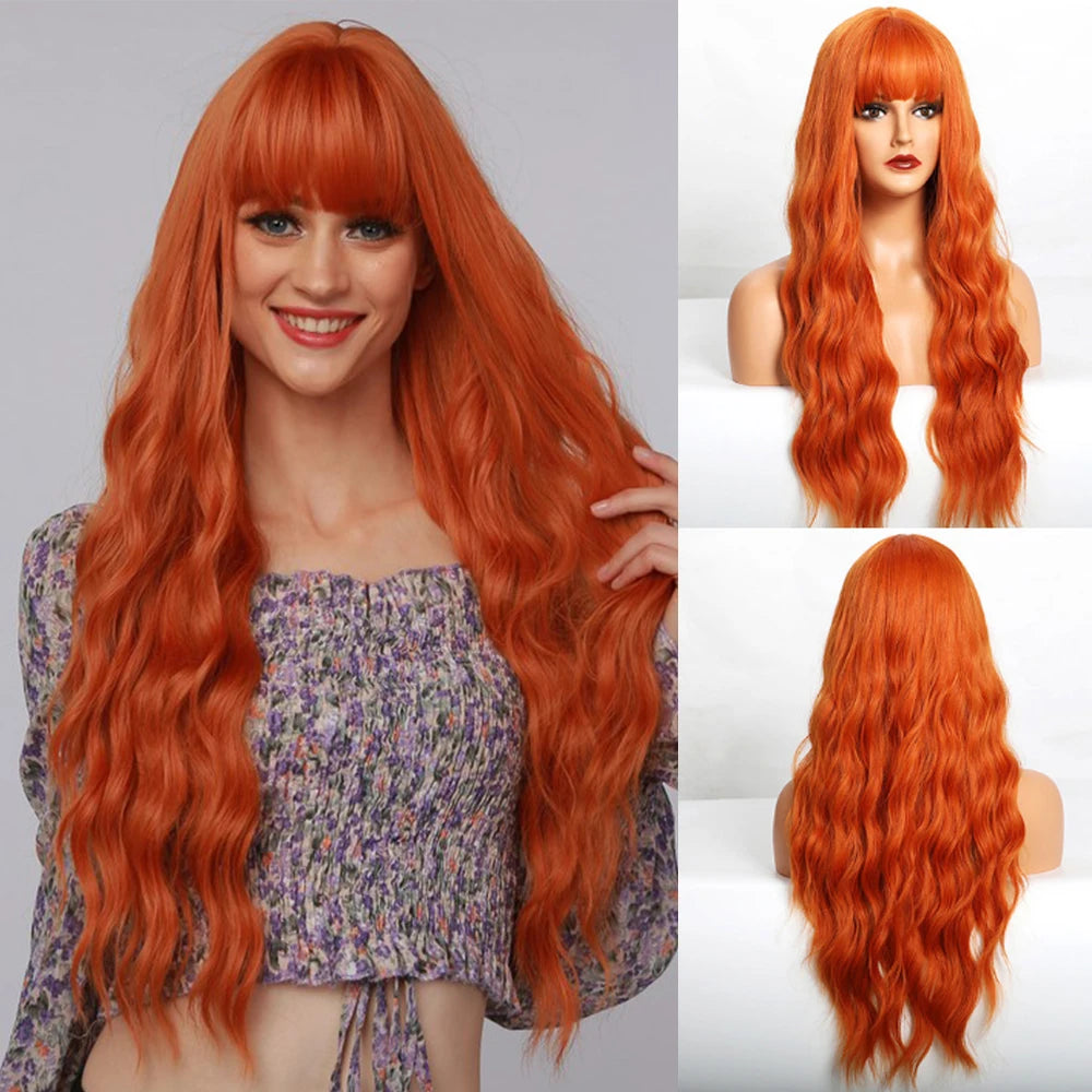 Orange Copper Red Yellow Synthetic Wigs Long Wavy Ginger Wig with Bangs for Women Natural Cosplay Body Wave Heat Resistant Hair