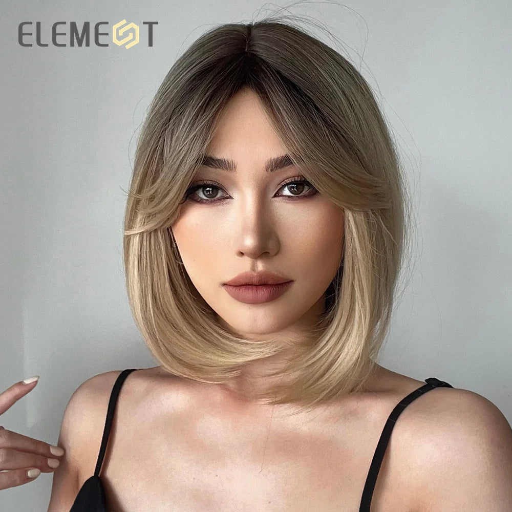 ELEMENT Synthetic Short Straight Wig Black Ombre Blonde Bob Wigs with Bangs for Women Cosplay Party Daily Hair Headband