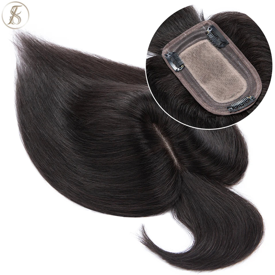 TESS Women Topper 7x12.5cm Hair Toppers With Bangs Natural Hair Wig Human Hair Silk Base Center Part Hair Clip In Hair Extension