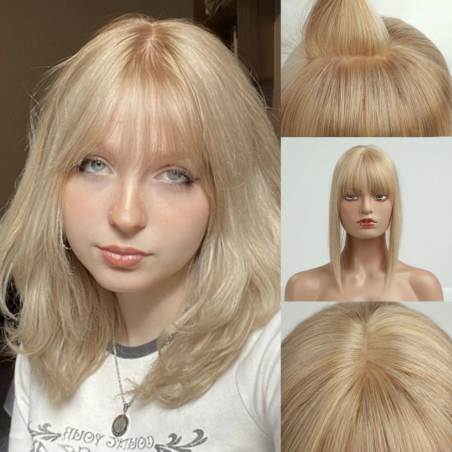 14 inch Hair Toppers for Women Brown Blonde Ombre Human Hair Toppers Silk Base Clips in Hair Extension Blonde Topper With Bangs