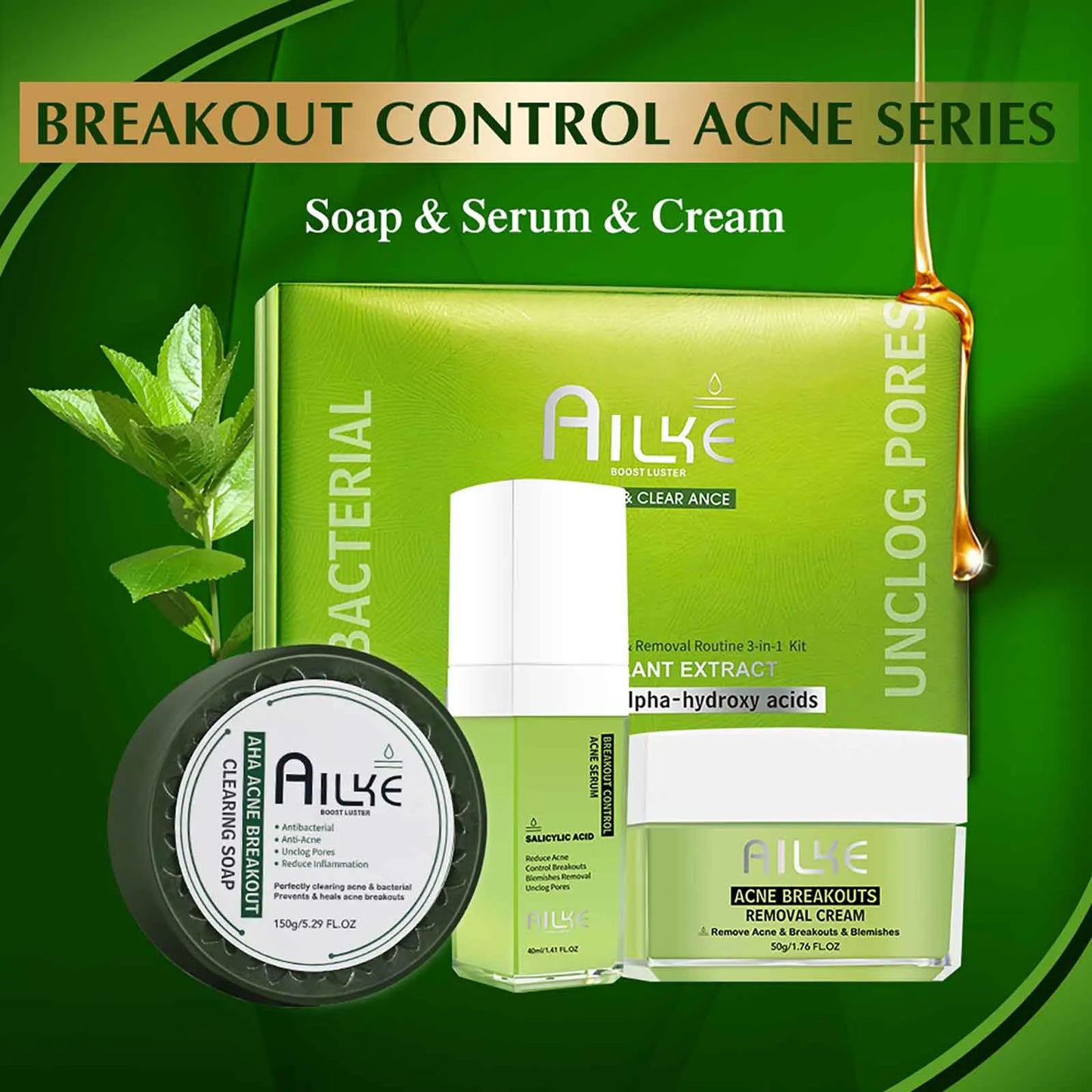 AILKE Organic Anti-Acne Cleansing Face Care Set, Smooth Skin, Reduce Pimples, Spots, Prevent Breakout