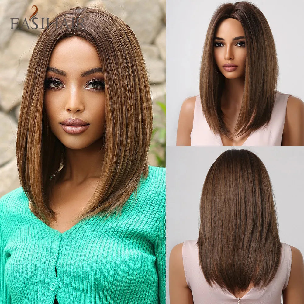 EASIHAIR Copper Ginger Synthetic Wigs with Bangs Medium Length Straight Hair Wig for Women Daily Cosplay Natural Heat Resistant