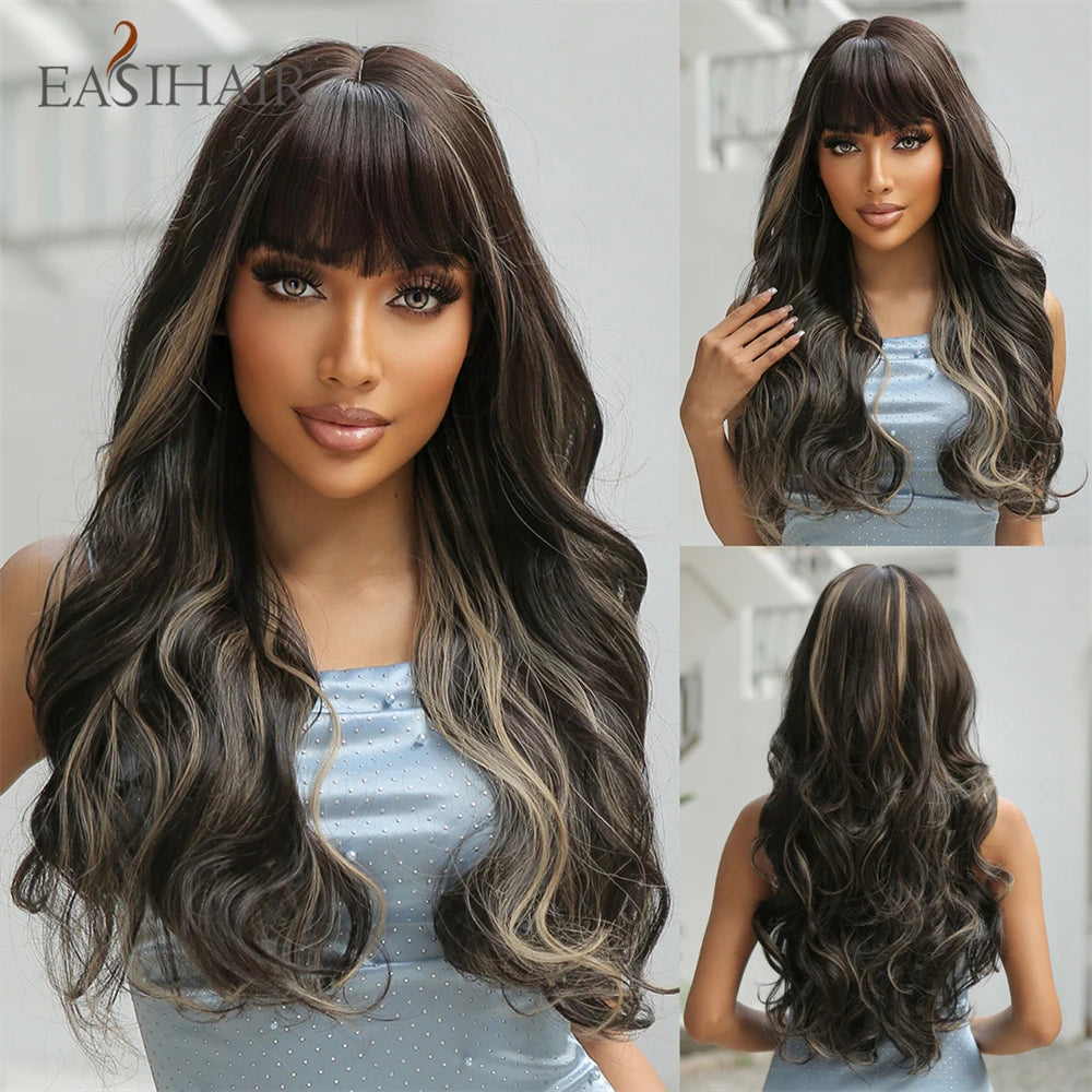 Ombre Light Brown Wigs with Bangs Blonde Highlight Long Curly Wavy Synthetic Wigs for Women Daily Cosplay Party Heat Resistant