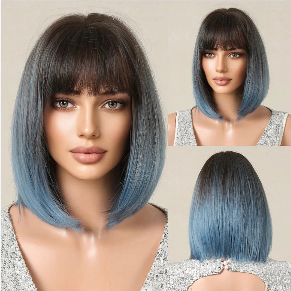 HENRY MARGU Brown Short Bob Straight Wigs with Pink Highlight Women Brown Daily Wig Synthetic Hair Wig with Bangs Heat Resistant