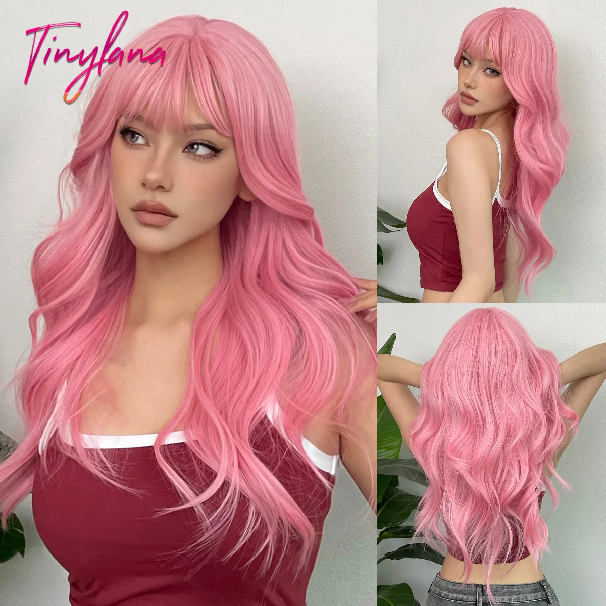 Light Pink Cosplay Long Straight Synthetic Wigs with Bangs Halloween Lolita Colorful Wig for Women Afro Natural Heat Resistant