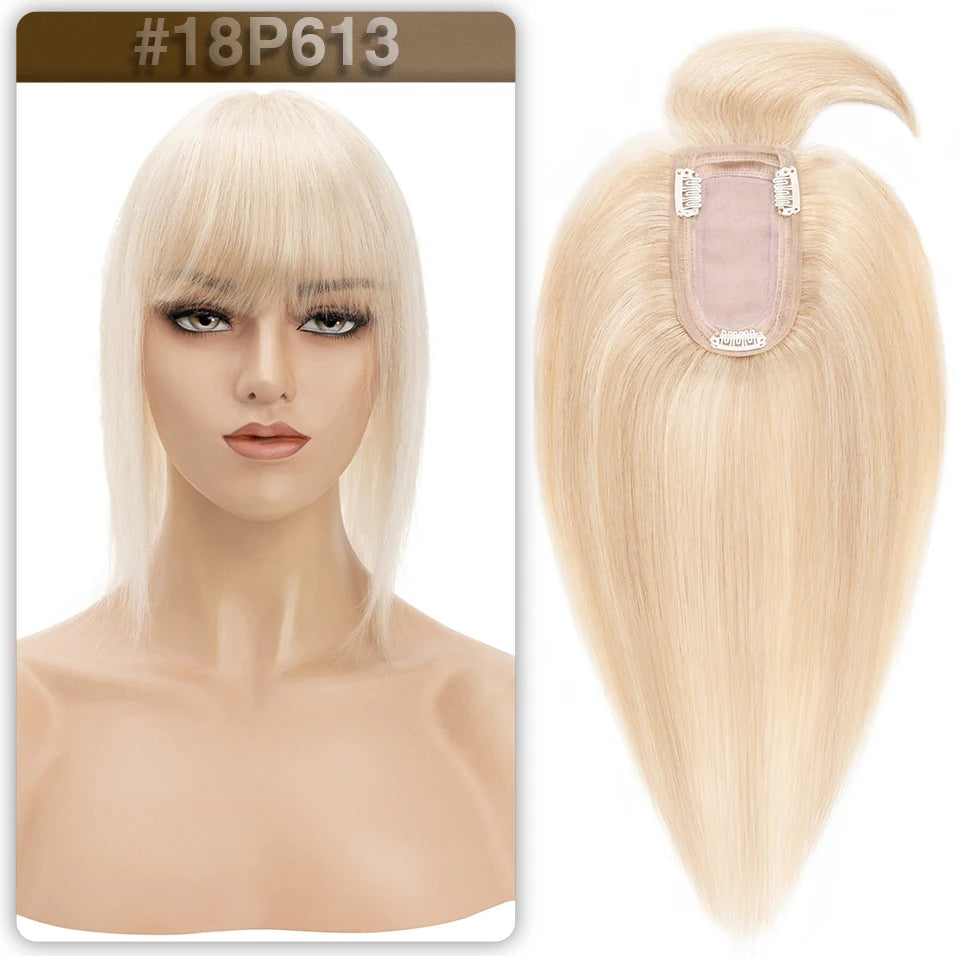 S-noilite Women Toppers Hair With Bangs Human Hair 7x13cm Silk Base Hair Cilp Wig Clip In Hair Extensions Hairpiece Natutal Hair
