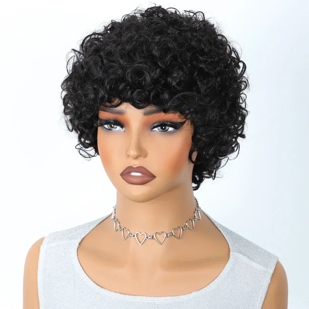 Brazilian Afro Puff Pixie Bob Wig 99J Natural Brown Full Machine Made Pre-Plucked Bangs 100% Human Hair For Black Women