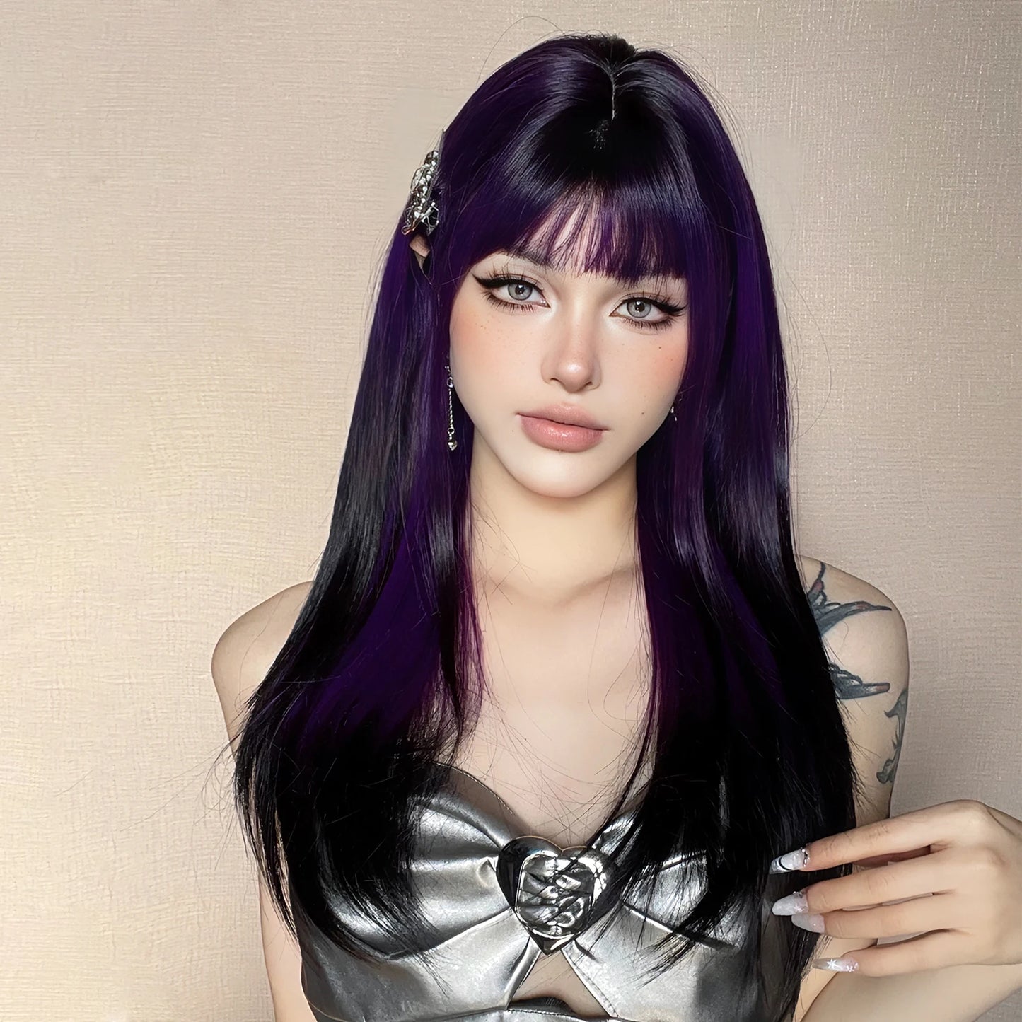 Long Straight Black Purple Synthetic Wig with Bangs Purple Ombre Cosplay Layered Wig for Women Party Heat Resistant Natural Hair