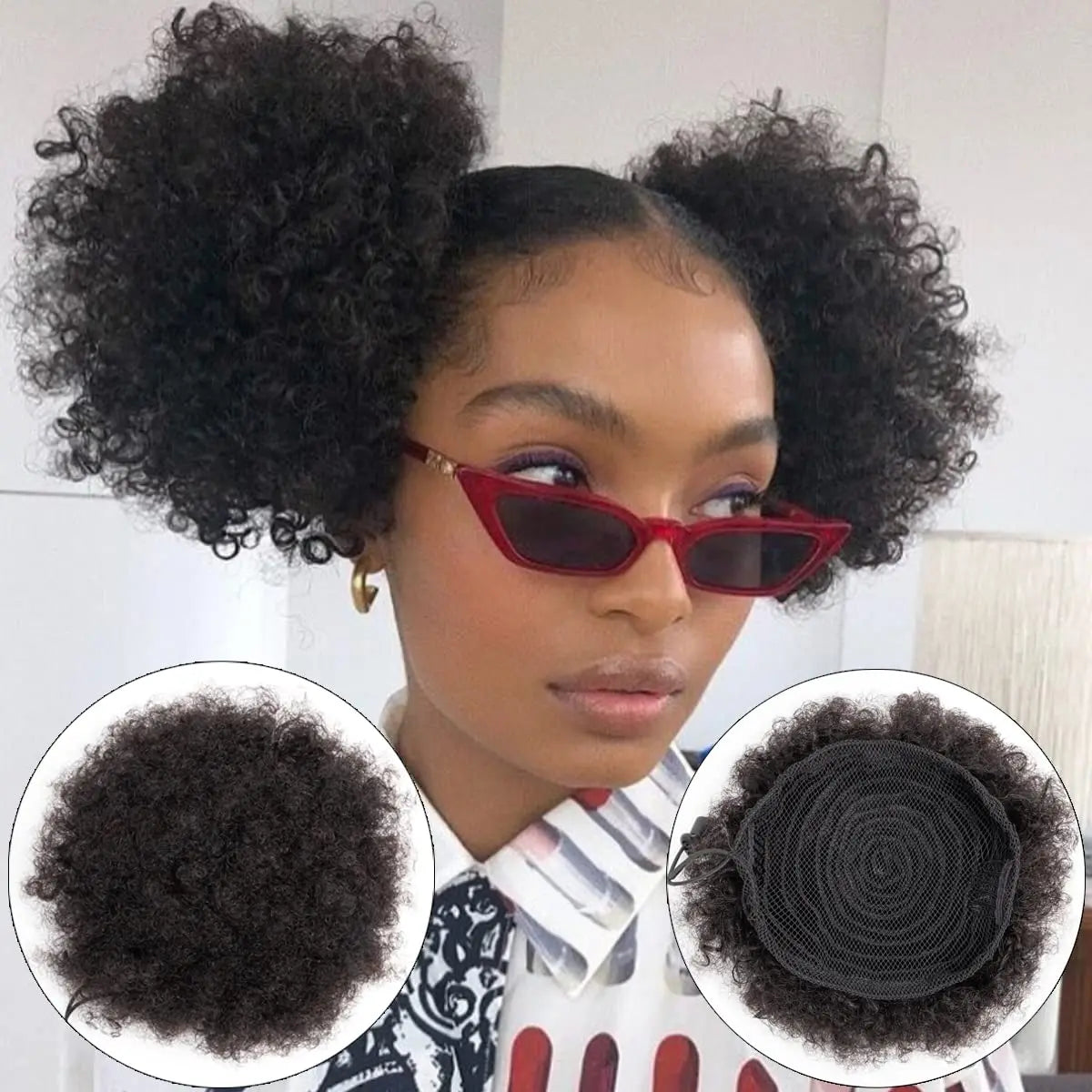 100% Human Hair Afro Puff Drawstring Ponytail Short Curly Afro Bun Hair Extension Natural Black 1B# Hairpiece with Two Clips
