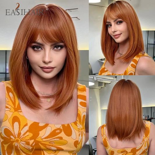 EASIHAIR Copper Ginger Synthetic Wigs with Bangs Medium Length Straight Hair Wig for Women Daily Cosplay Natural Heat Resistant