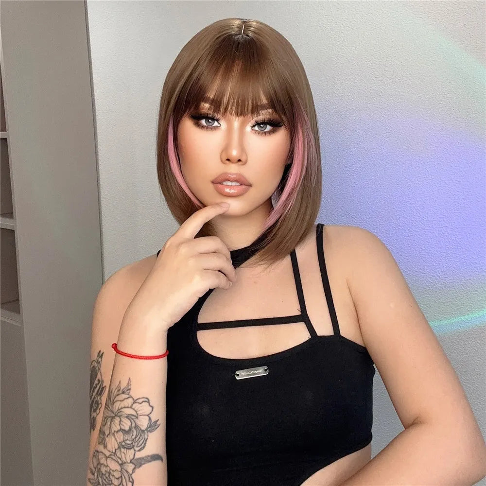 HENRY MARGU Brown Short Bob Straight Wigs with Pink Highlight Women Brown Daily Wig Synthetic Hair Wig with Bangs Heat Resistant