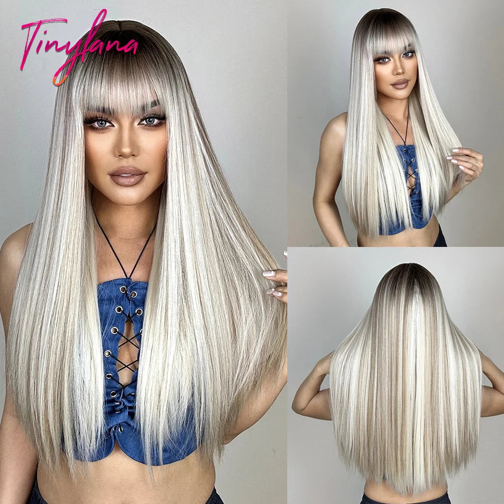 Long Straight Pink Mixed White Synthetic Wigs with Bangs Halloween Cosplay Colorful Wigs for Women Natural Hair Heat Resistant