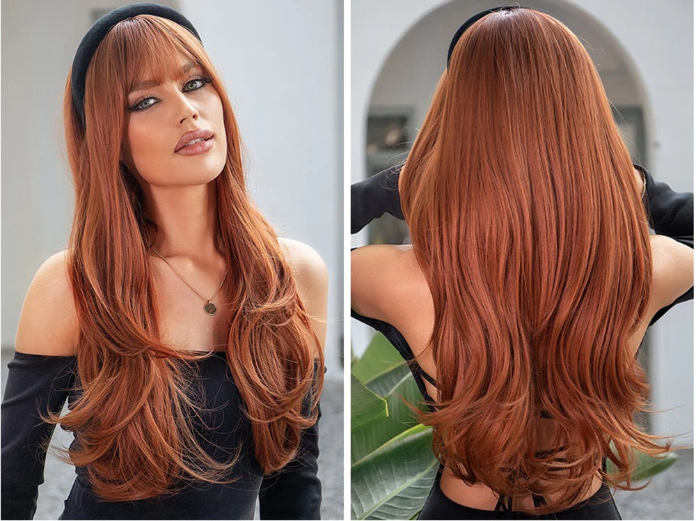 HENRY MARGU Long Straight Synthetic Wigs with Bangs Brown Red Copper Ginger Machine Made Wig for Women Cosplay Heat Resistant