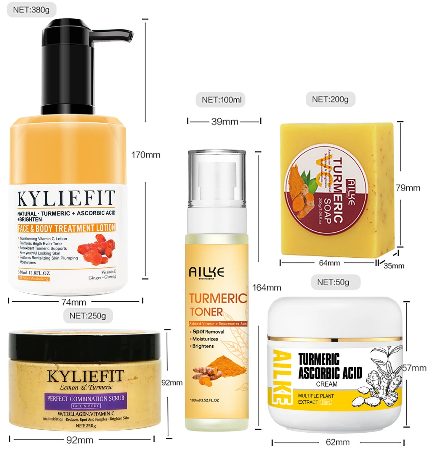 AILKE Natural Turmeric Skin Care Range, Lightening, Cleaning Skin, Moisturizes, Remove Acne and Pimples, Refining Pores