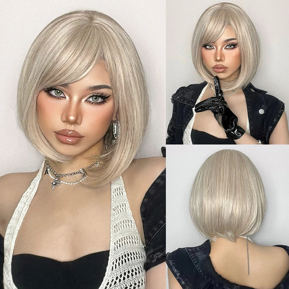 HENRY MARGU Ombre White Blonde Bob Synthetic Wig Short Straight with Bangs Natural Hair Wig for Women Cosplay Wig Heat Resistant
