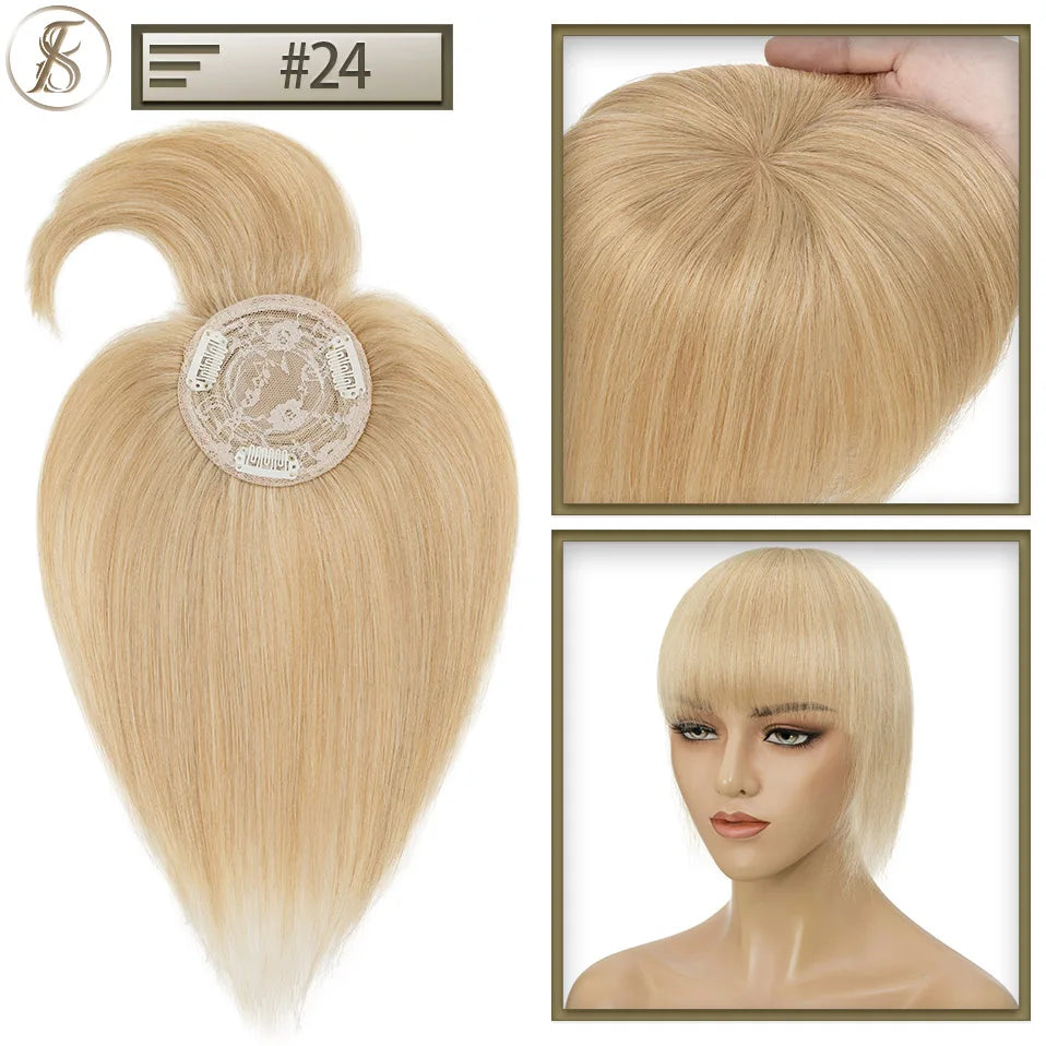 TESS Human Hair Toppers 8.5x8.5cm Women Topper 2cm Hair Vortex Natural Hair Wigs Center Crown Machine-made Hairpiece With Bangs