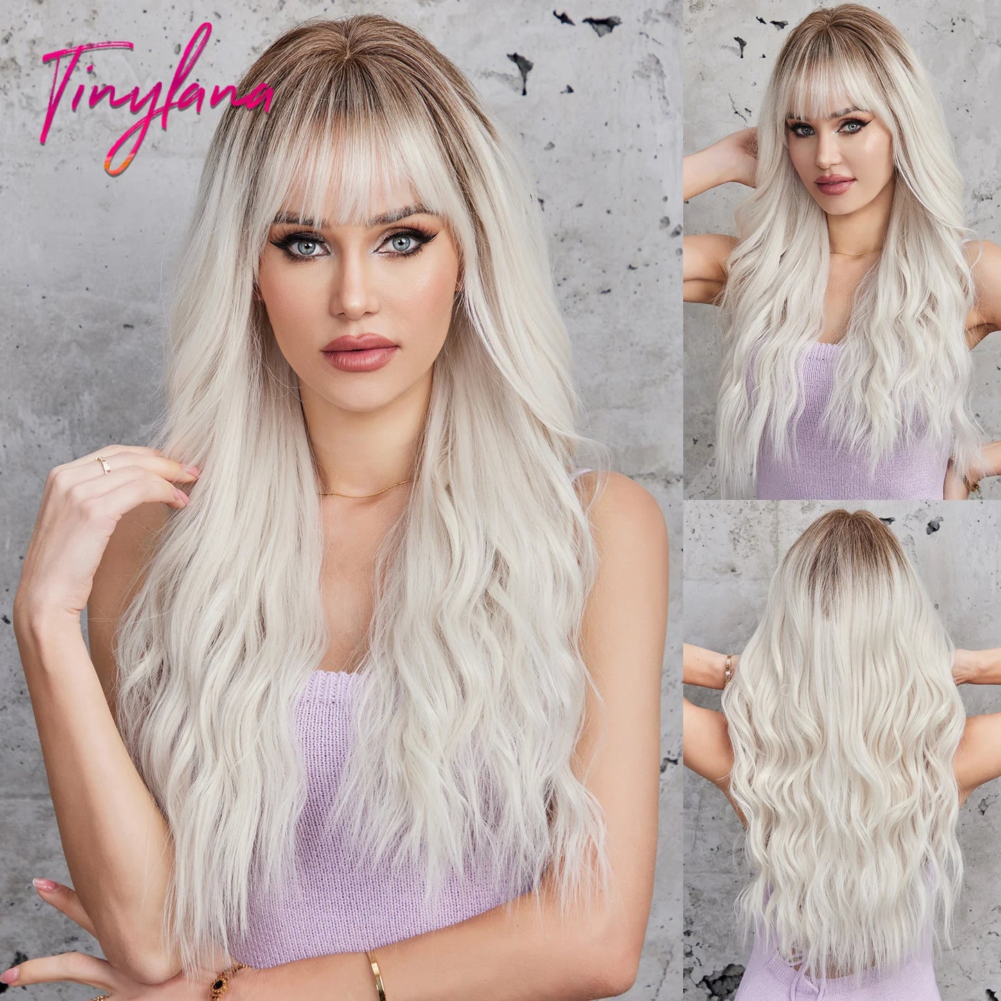 Long Curly White Platinum Synthetic Wigs with Bangs for Women Afro Cosplay Lolita Wavy Wig Natural Hair Heat Reisitant Daily Use