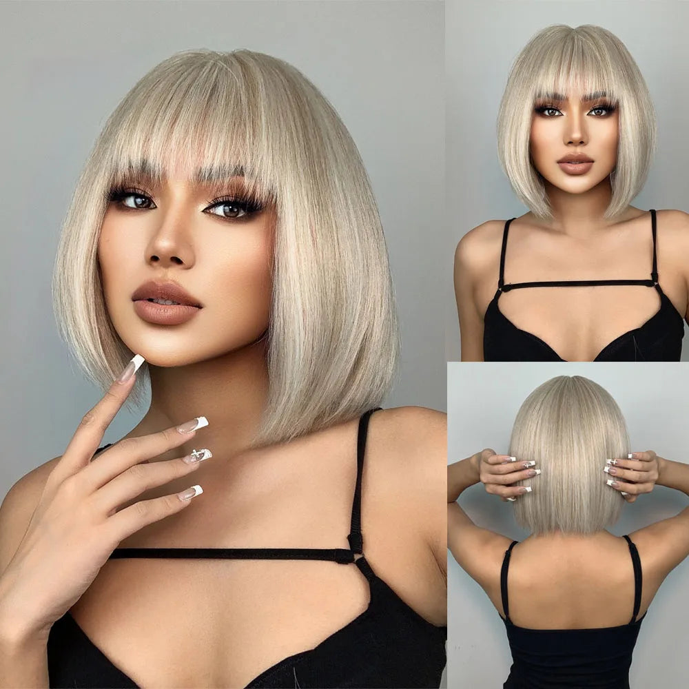 HENRY MARGU Ombre White Blonde Bob Synthetic Wig Short Straight with Bangs Natural Hair Wig for Women Cosplay Wig Heat Resistant