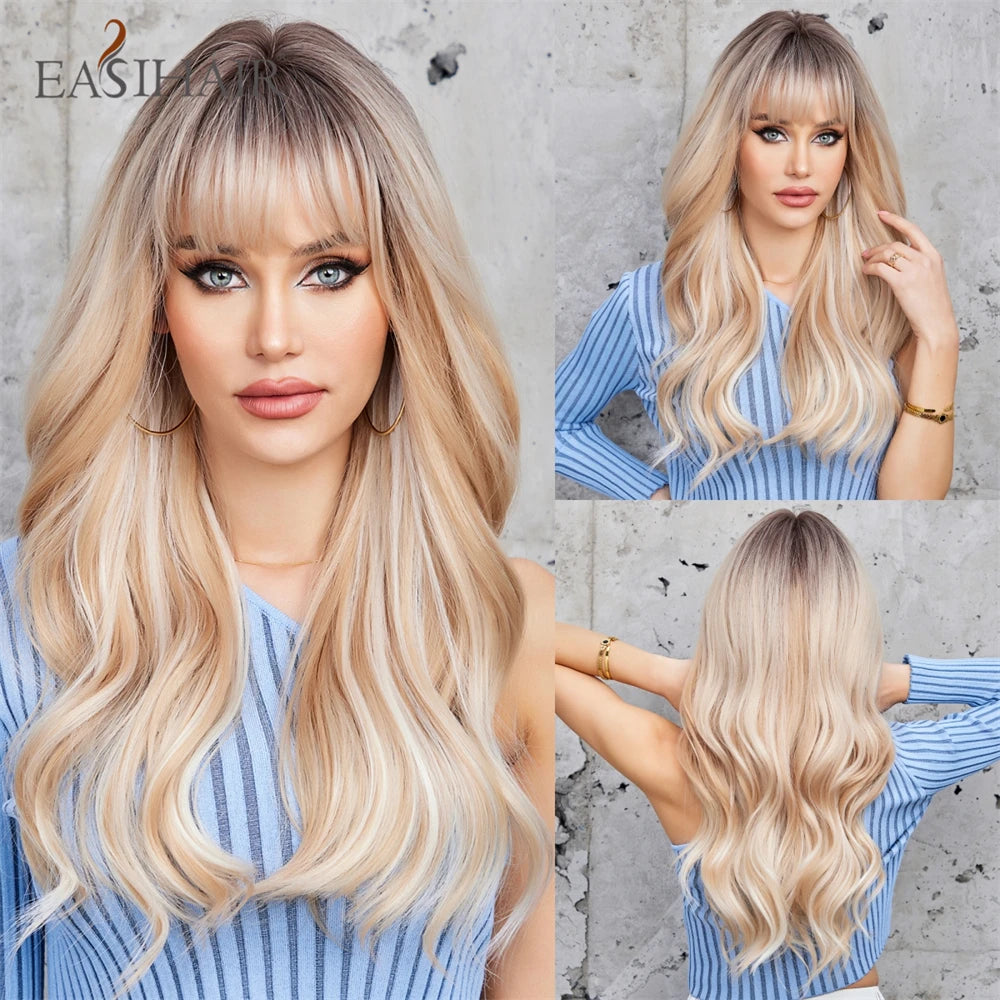 Dark Brown Synthetic Wigs with Bangs Long Curly Wavy Brown Wigs with Blonde Highlights for Afro Women Daily Party Heat Resistant