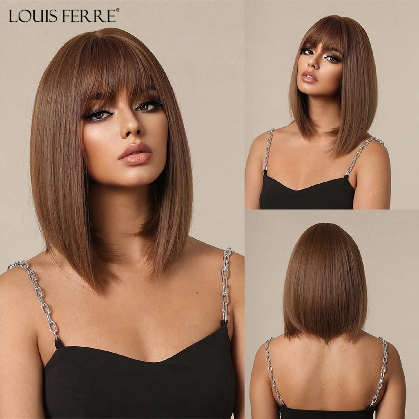 LOUIS FERRE Short Light Pink Bob Wigs With Bangs Natural Synthetic Wigs for Women Daily Cosplay Hair Heat Resistant Fibre Wig