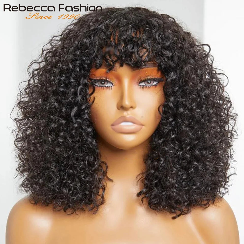Jerry Curly Short Bob Human Hair Wigs With Bangs Wear To Go Glueless Wig Ombre 99J Water Wave Blonde Colored Wig For Women