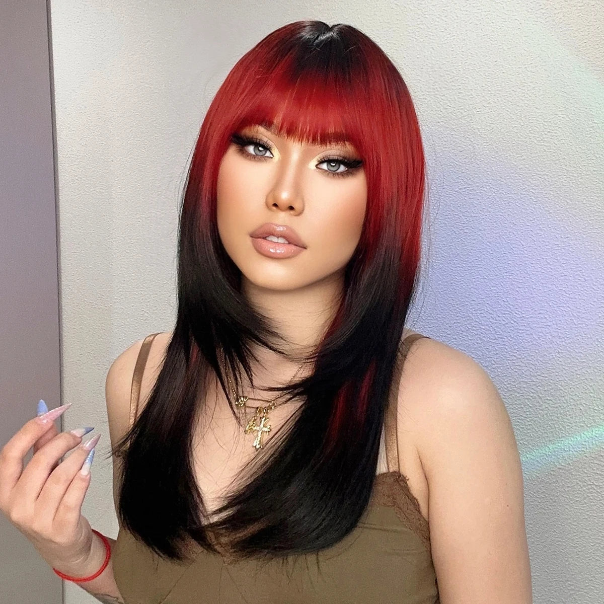 HENRY MARGU Ombre Red to Black Synthetic Wigs with Bangs Long Straight Layered Wig Colored Party Heat Resistant Hair for Women