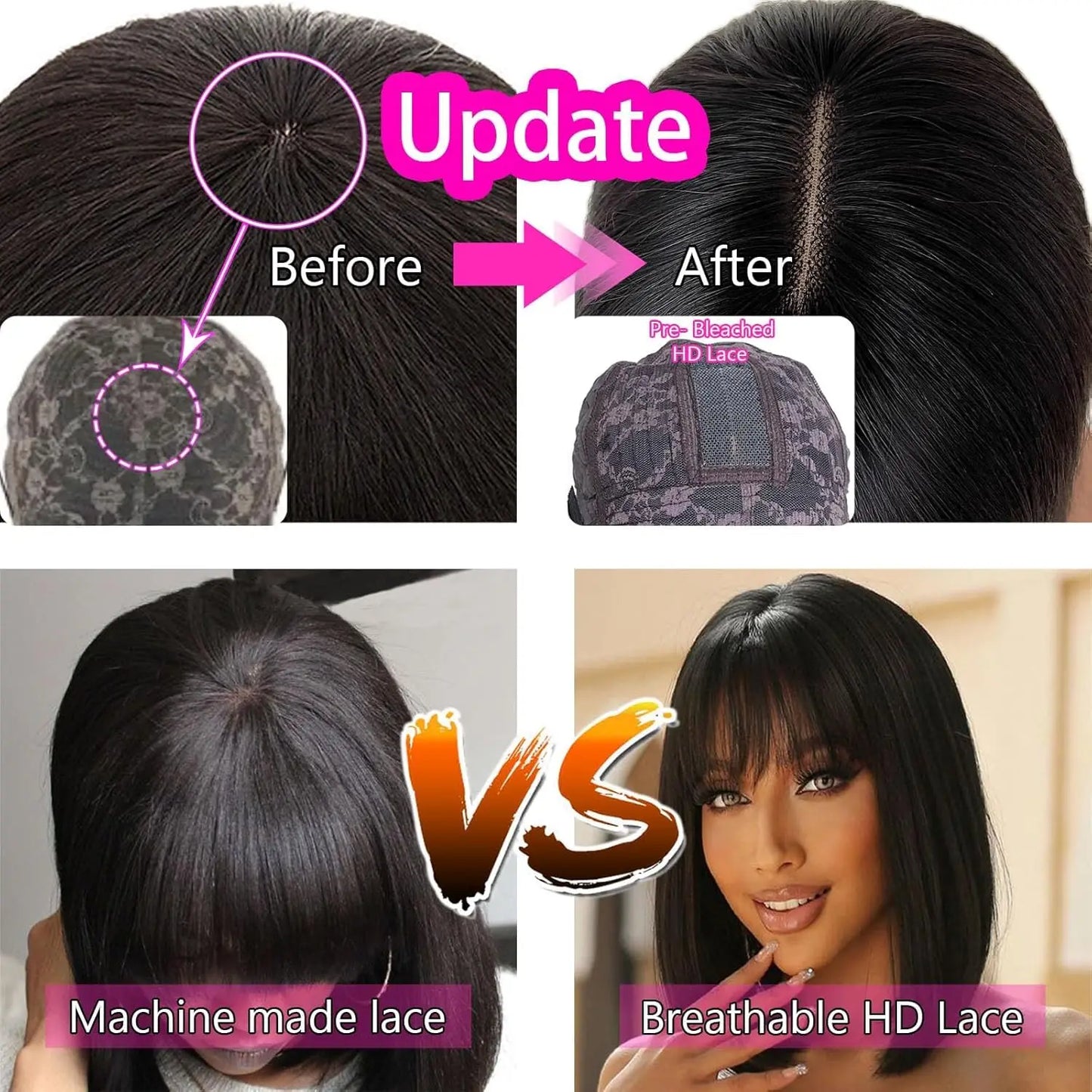 Glueless Straight Human Hair Wig With Bangs Short Bob Wig Human Hair Pre Plucked Brazilian Black Hair For Women Ready To Wear