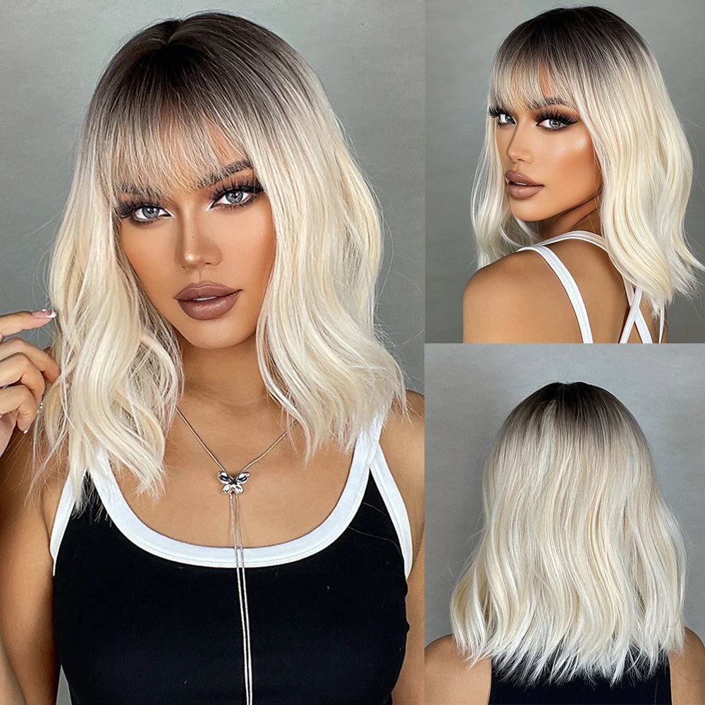 Rose Blonde Brown Short Bob Synthetic Wigs with Bangs Ash Blonde Natural Loose Wave Wig for Women Cosplay Heat Resistant Hair